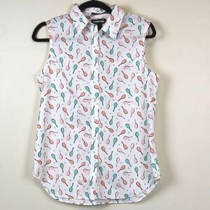 Lands' End Sleeveless No Iron Supima Cotton Tennis Print Button Front Top
